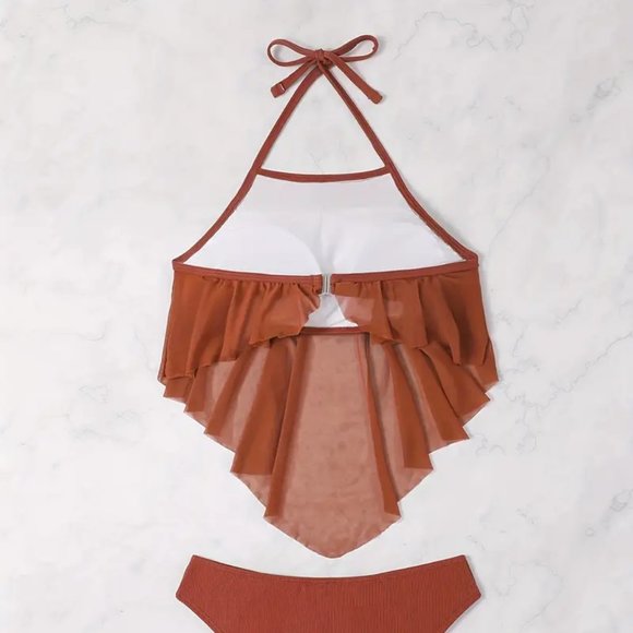 Caramel Solid Color Two Piece Bikini Sets Swimsuit, Halter Neck High Waist - Picture 2 of 10